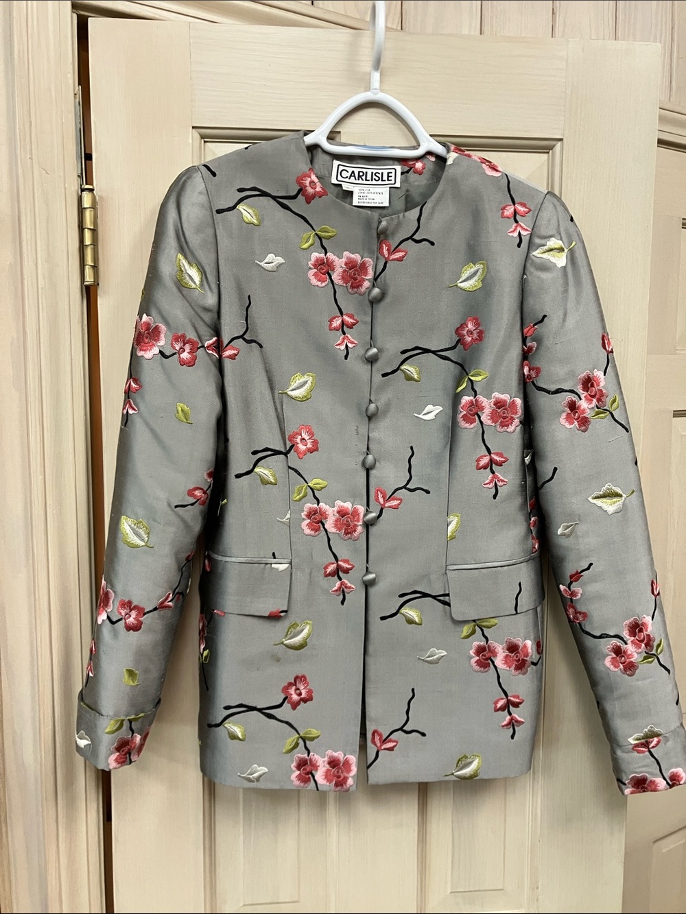 Carlisle Gray Silk Jacket with Pink Floral Embroidery